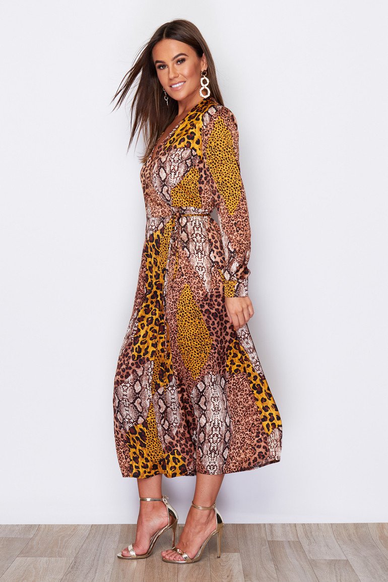 Kim Multi Animal Print Wrap Midi Dress